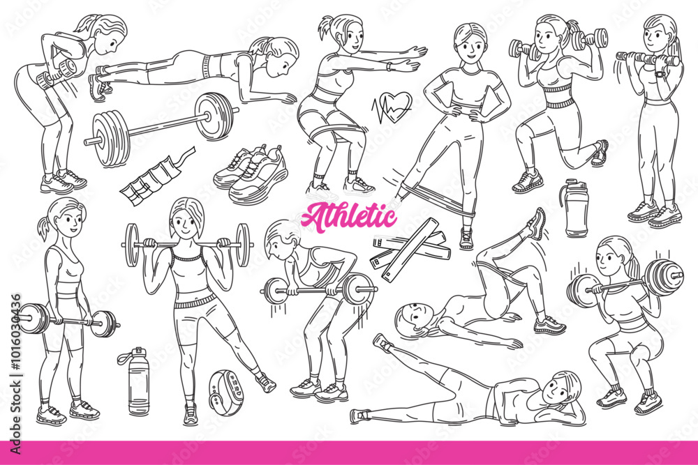 Woman athlete goes in for sports and does physical exercises with fitness equipment. Girl athlete achieves slim figure and excellent health by lifting barbells or dumbbells. Hand drawn. Woman athlete goes in for sports and does physical exercises with fitness equipment. Girl athlete achieves slim figure and excellent health by lifting barbells or dumbbells. Hand drawn.