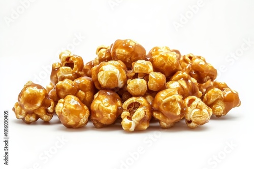 A heap of glossy caramel popcorn glistens on a pristine backdrop, exuding irresistible sweetness and crunch perfect for enjoying during movie night or as a sweet treat. photo