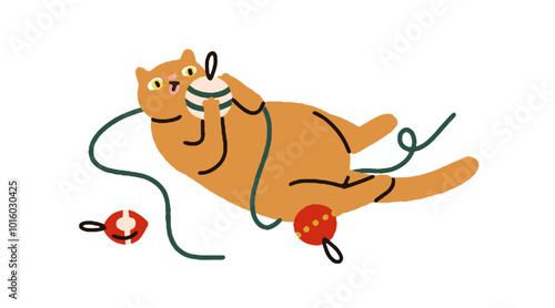 Playful cat playing with Christmas ornaments. Cute funny feline with festive baubles, festive decoration in paws on winter holiday. Comic humor flat vector illustration isolated on white background