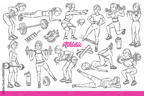 Woman athlete goes in for sports and does physical exercises with fitness equipment. Girl athlete achieves slim figure and excellent health by lifting barbells or dumbbells. Hand drawn.