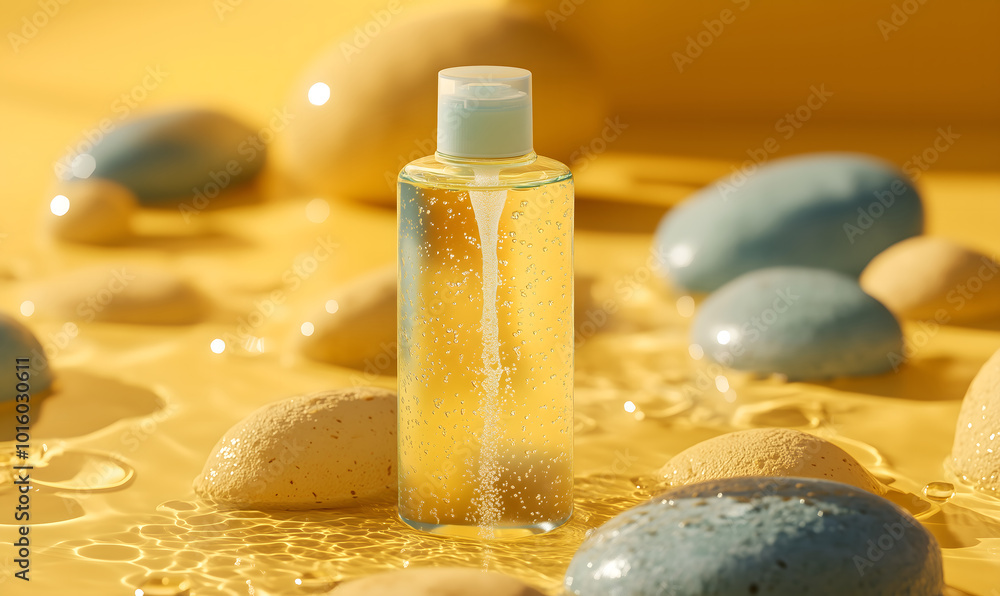 Shampoo or cream bottle arranged on yellow atmospheric stone with water drops. Product photography concept, Generative ai Shampoo or cream bottle arranged on yellow atmospheric stone with water drops. Product photography concept, Generative ai