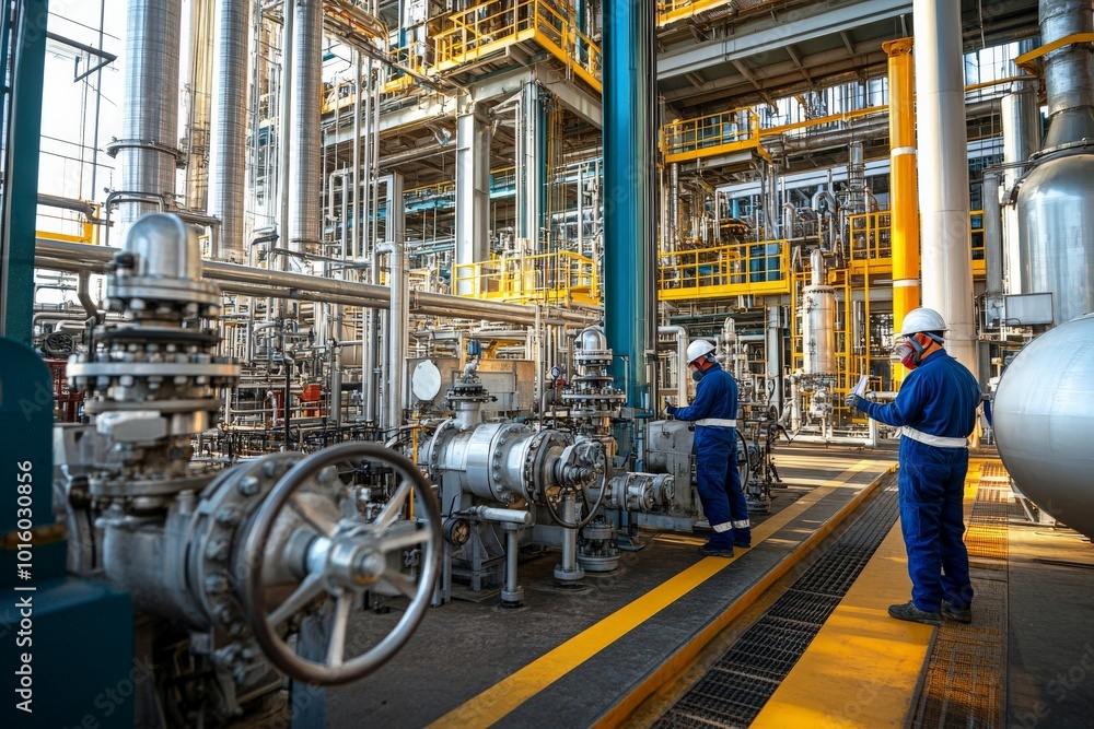 Engineers navigate and operate within a sprawling complex industrial facility, their teamwork and expertise exemplifying modern technological advancement and collaboration. Engineers navigate and operate within a sprawling complex industrial facility, their teamwork and expertise exemplifying modern technological advancement and collaboration.