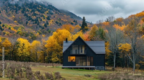 A large house sits in a field with trees in the background