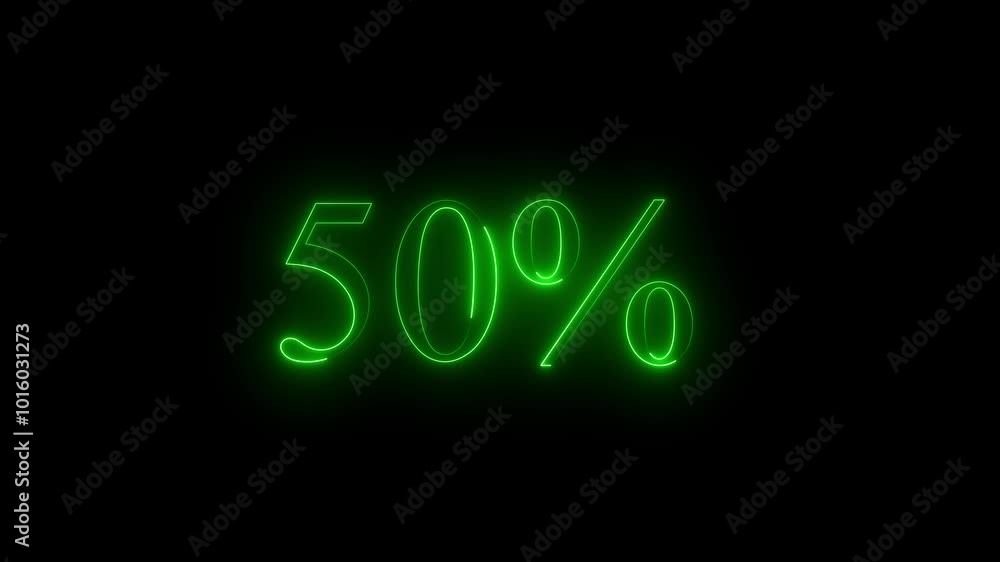 Glowing neon number 50% discount big offer sale business animation 4k video. 50 percent glowing neon sign black background. Glowing neon number 50% discount big offer sale business animation 4k video. 50 percent glowing neon sign black background.