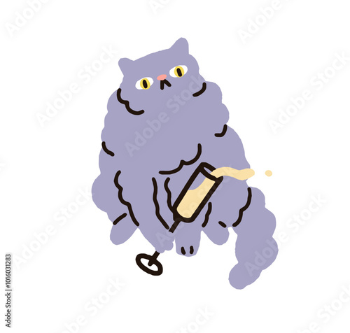 Cute cat holding champagne glass, celebrating holiday. Festive fluffy comic f...