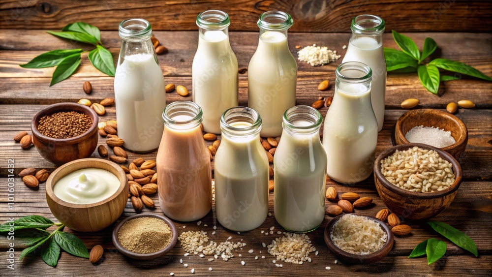 Overhead shot showcasing an array of vegan milk bottles and fresh produce on a rustic wooden table, highlighting the essentials of a plant-based Overhead shot showcasing an array of vegan milk bottles and fresh produce on a rustic wooden table, highlighting the essentials of a plant-based