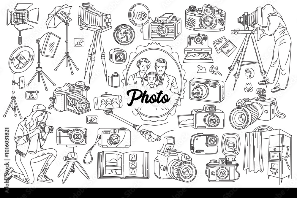 Photo cameras and lighting equipment or photographers from different eras. Family portrait near vintage cameras and modern devices for creating and printing photographs. Hand drawn. Photo cameras and lighting equipment or photographers from different eras. Family portrait near vintage cameras and modern devices for creating and printing photographs. Hand drawn.