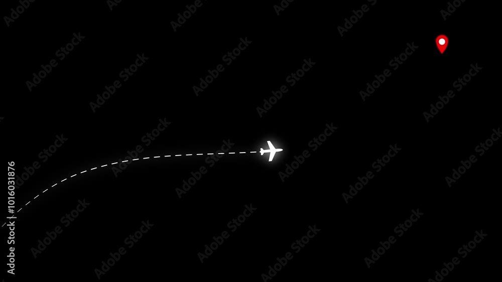 Glowing white color flying airplane icon animation on black background. 4k video animation. Target place, location tracking animation Glowing white color flying airplane icon animation on black background. 4k video animation. Target place, location tracking animation
