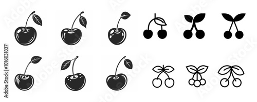 Cherry icon set. red berry symbol in black filled and outlined style. Vector