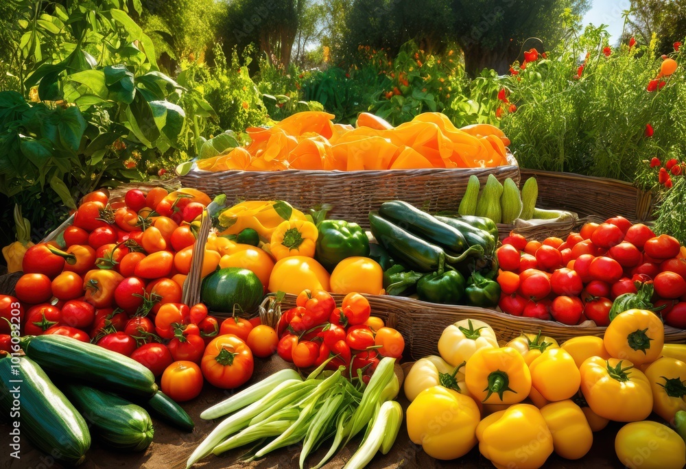 vibrant fresh produce spread across lush garden setting colorful fruits vegetables glimmering natural sunlight, greenery, blossoms, spinach, tomatoes vibrant fresh produce spread across lush garden setting colorful fruits vegetables glimmering natural sunlight, greenery, blossoms, spinach, tomatoes