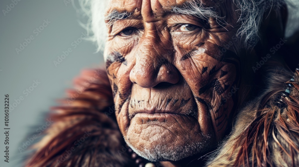 Close-up Portrait of an Elderly Maori Man with Facial Tattoos Close-up Portrait of an Elderly Maori Man with Facial Tattoos