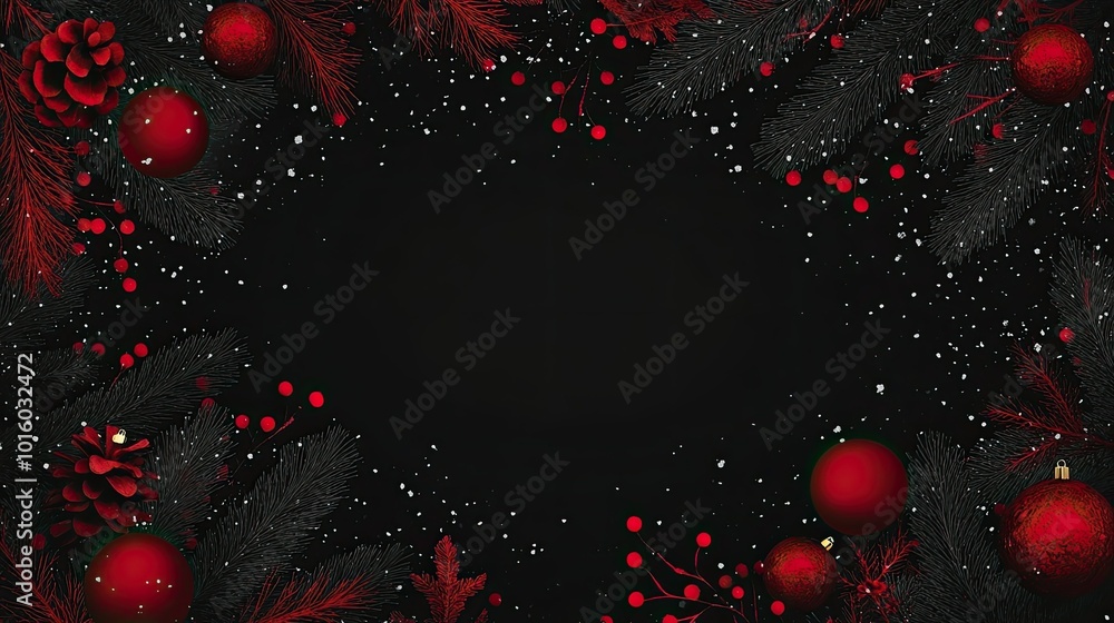 Festive holiday frame with red and black decorations Festive holiday frame with red and black decorations