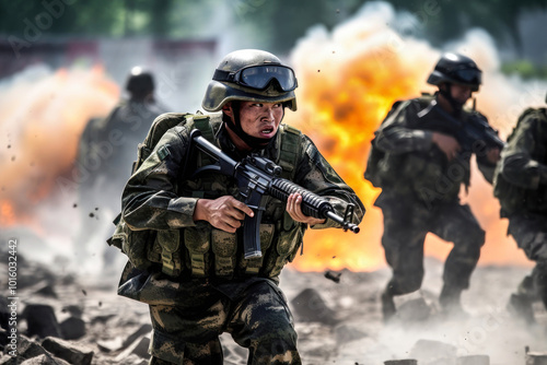 Chinese soldier engaged in combat training during an intense military exercise, showcasing teamwork and preparedness in a smoke-filled environment