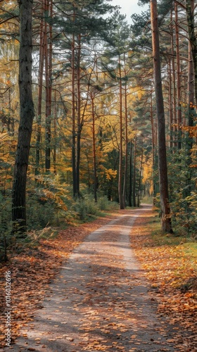 A path through a forest with autumn leaves on the ground