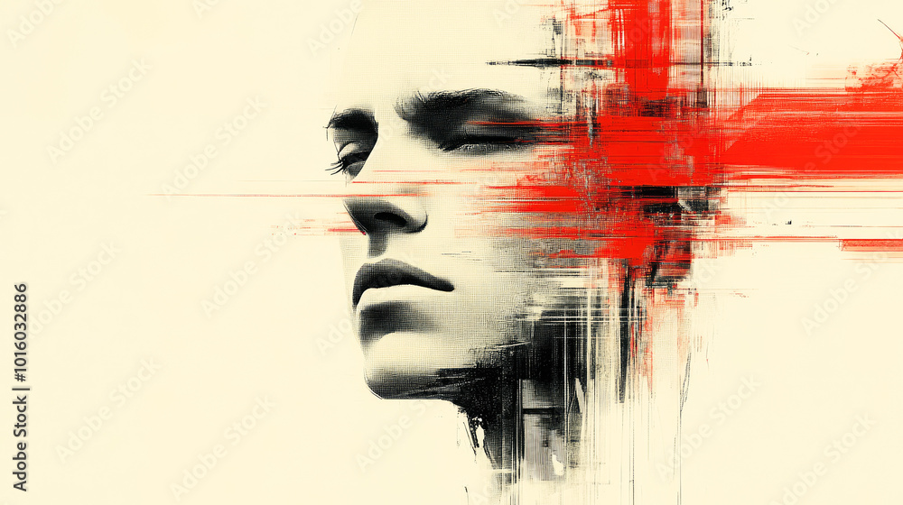 An abstract portrait combines strong red streaks with a calm visage, illustrating contrast and the clash of emotion and quiet. An abstract portrait combines strong red streaks with a calm visage, illustrating contrast and the clash of emotion and quiet.