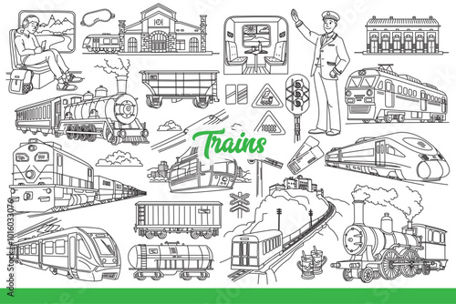 Railway industry and use of trains to travel around world and deliver goods. Train inscription near cars with passengers or tanks for transporting petroleum products or traffic lights. Hand drawn.