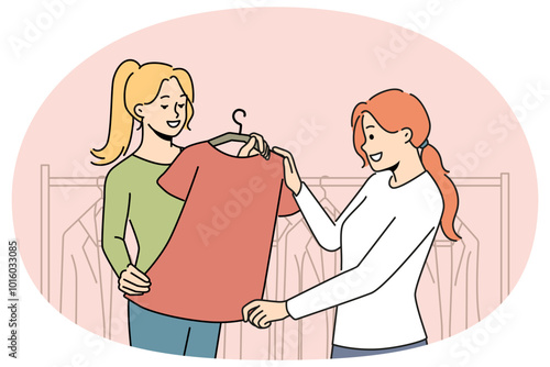 Smiling consultant help client with clothes choose in store. Woman buy apparel in boutique. Fashion and consumerism. Vector illustration.