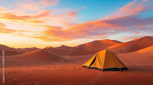 Serene desert sunset with a yellow tent in the dunes