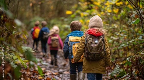 Wallpaper Mural Children hiking on a leafy trail, enjoying nature with backpacks and warm clothing in a forest setting during fall. Torontodigital.ca