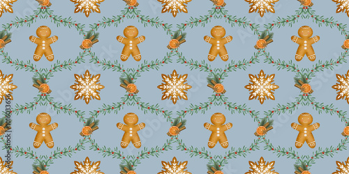 Wallpaper Mural Decorative seamless pattern with gingerbread cookies, oranges, and pine branches for festive projects on a blue background Torontodigital.ca