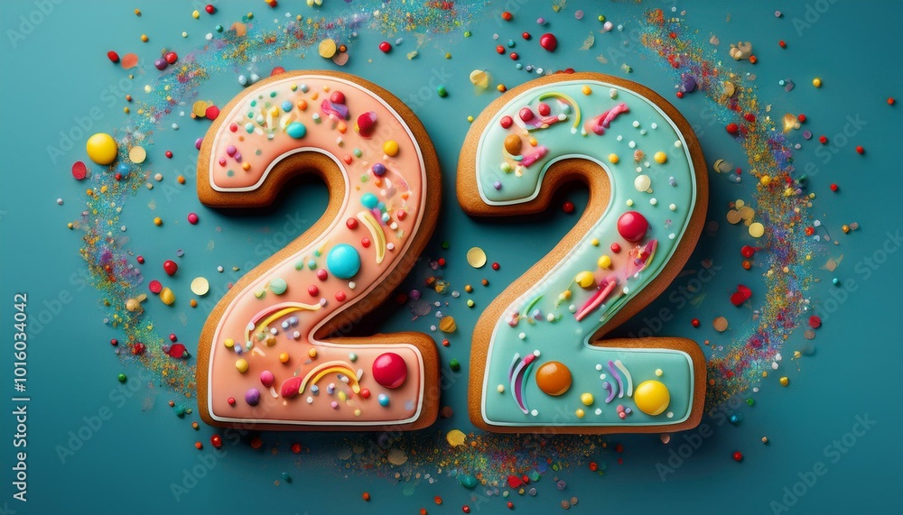 Decorated cookie, number 22, illustration for birthday or anniversary celebration Decorated cookie, number 22, illustration for birthday or anniversary celebration