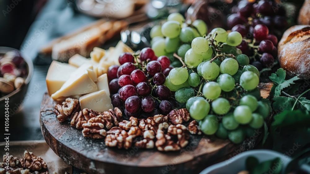 Fresh Fruits and Cheese on Rustic Wooden Board Fresh Fruits and Cheese on Rustic Wooden Board