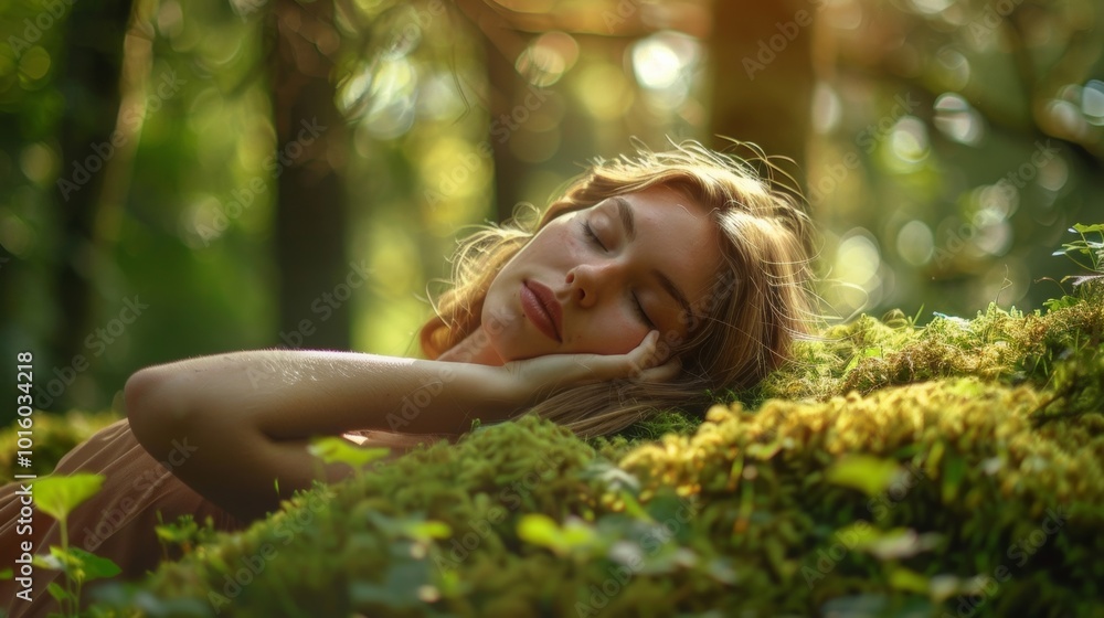 A serene moment in nature, a young woman peacefully resting on soft moss in a lush green forest. Embracing tranquility and beauty. A serene moment in nature, a young woman peacefully resting on soft moss in a lush green forest. Embracing tranquility and beauty.