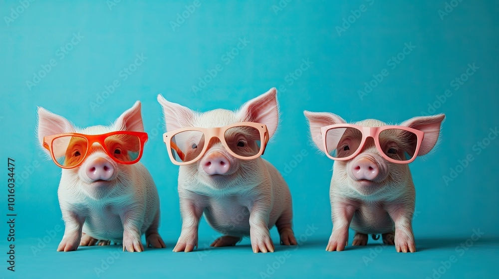 Playful pigs wearing colorful glasses against a blue backdrop Playful pigs wearing colorful glasses against a blue backdrop