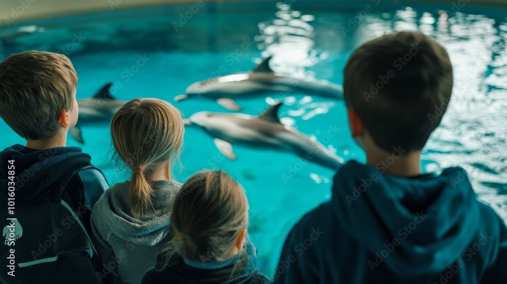 Obraz premium Children observe dolphins swimming in a vibrant aquarium, sharing a moment of wonder and excitement together.