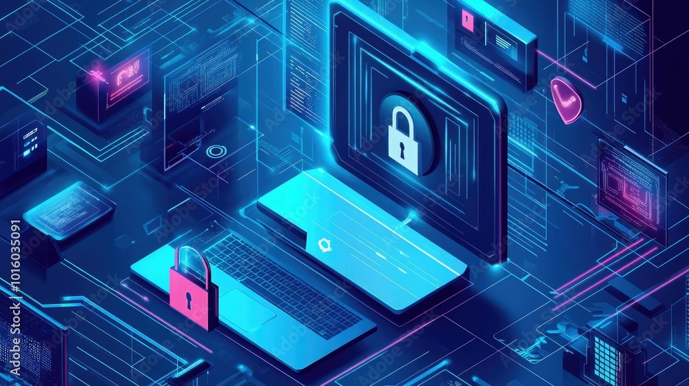 Futuristic digital security concept with laptop and locks Futuristic digital security concept with laptop and locks