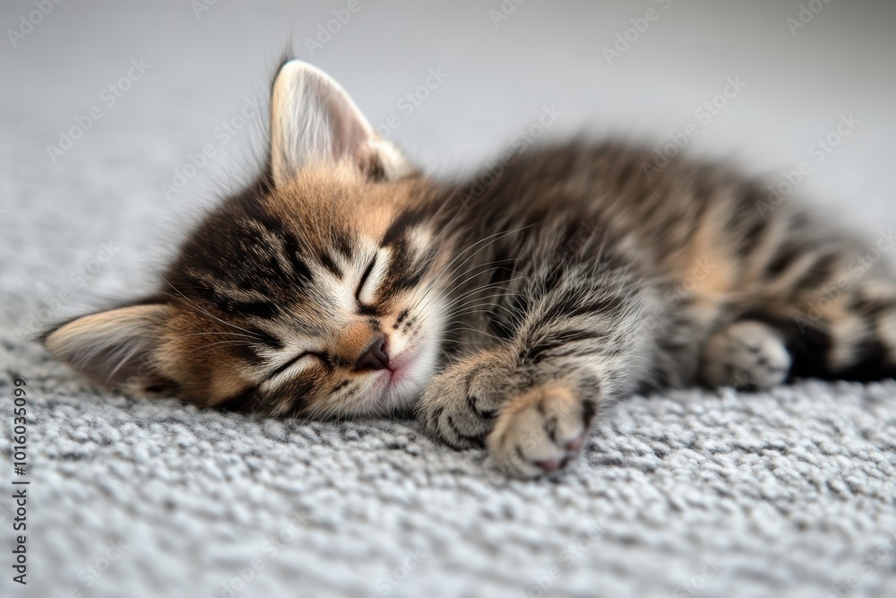 Peaceful kitten sleeping on soft gray blanket Peaceful kitten sleeping on soft gray blanket