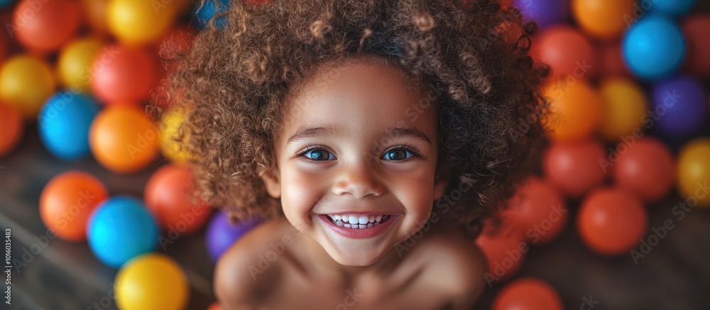 Portrait of a happy young girl with curly hair surrounded by colorful balls. Portrait of a happy young girl with curly hair surrounded by colorful balls.