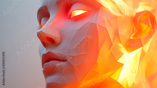 An abstract face with intricate geometric design and warm glowing hues, representing complexity and human imagination.