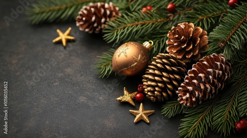 Festive christmas decoration with golden bauble pine cones