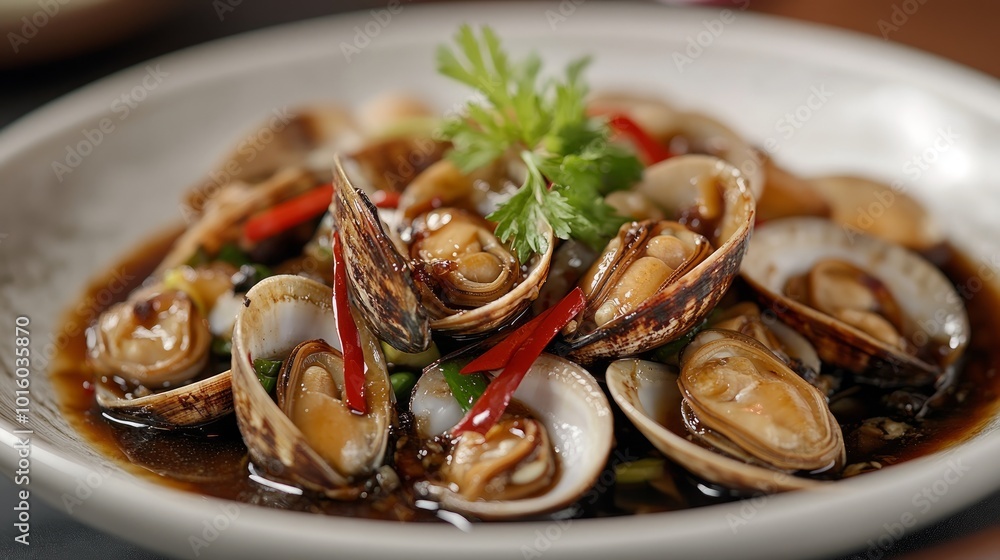A plate of steamed clams in a savory sauce with herbs and chili peppers. A plate of steamed clams in a savory sauce with herbs and chili peppers.