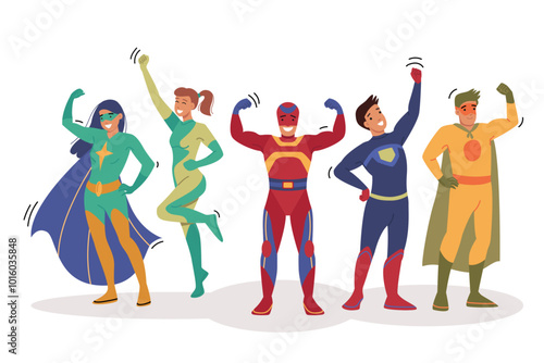 Team of superheroes raise hands in air, celebrating victory over villain thanks to collaboration. People in superheroes costumes are proud of achievements in destroying bandits and criminals