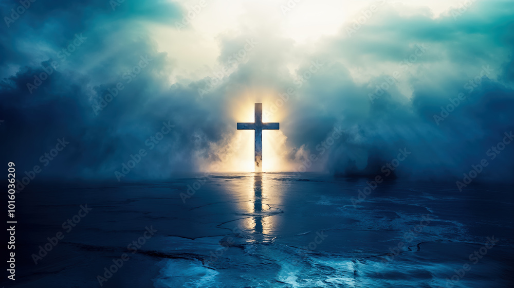 Naklejka premium croix catholique lumineuse au milieu de la brume