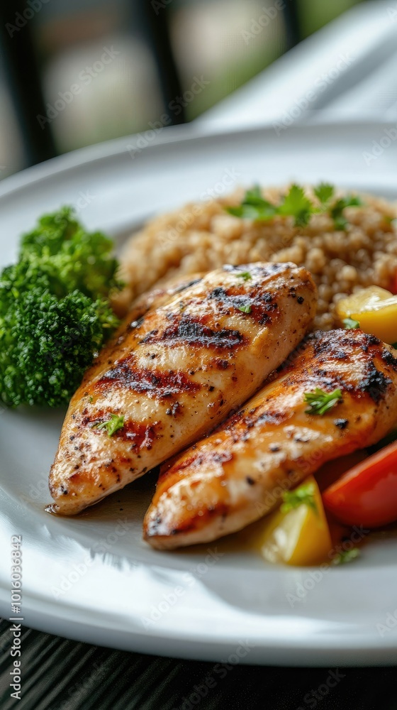 Grilled chicken breast served with quinoa and broccoli Grilled chicken breast served with quinoa and broccoli