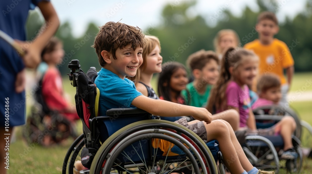 A group of children, including those in wheelchairs, enjoys an outdoor activity, fostering inclusion and celebration of diversity. A group of children, including those in wheelchairs, enjoys an outdoor activity, fostering inclusion and celebration of diversity.