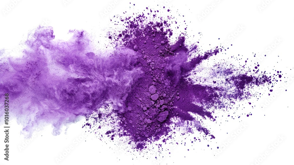 Fototapeta premium Purple Powder Explosion with Splashes and Dust Cloud on White Background