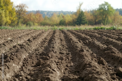 Ploughed field ready for planting. Photo depicts the prepared land, showcasing rows for planting.