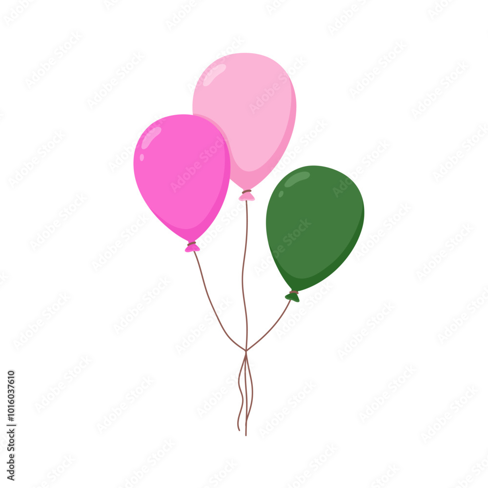 Air balloons tied in bunch, flying up. Festive decoration for party celebration, floating and soaring. Baloons with string for birthday event. Flat vector illustration isolated on white background Air balloons tied in bunch, flying up. Festive decoration for party celebration, floating and soaring. Baloons with string for birthday event. Flat vector illustration isolated on white background