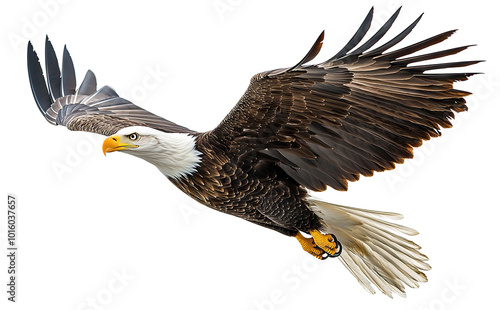 Majestic bald eagle in flight with outstretched wings, isolated on transparent cutout background