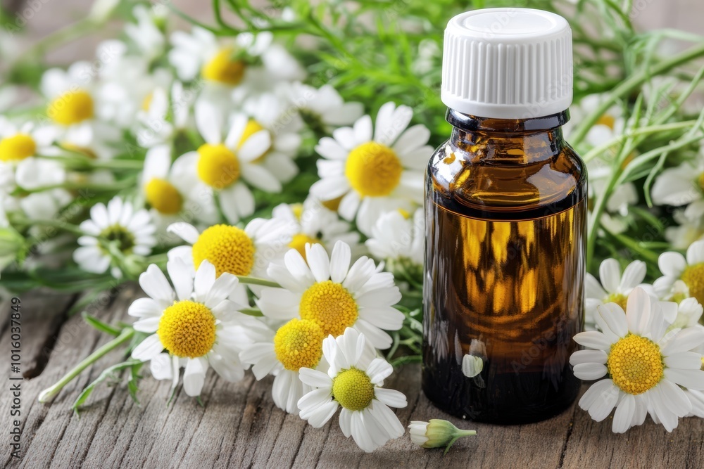 Natural chamomile essential oil on wooden surface Natural chamomile essential oil on wooden surface