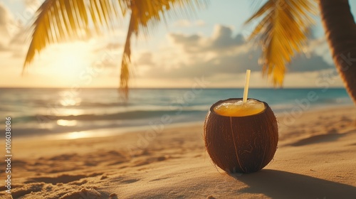 Tropical Coconut Drink by the Beach at Sunset