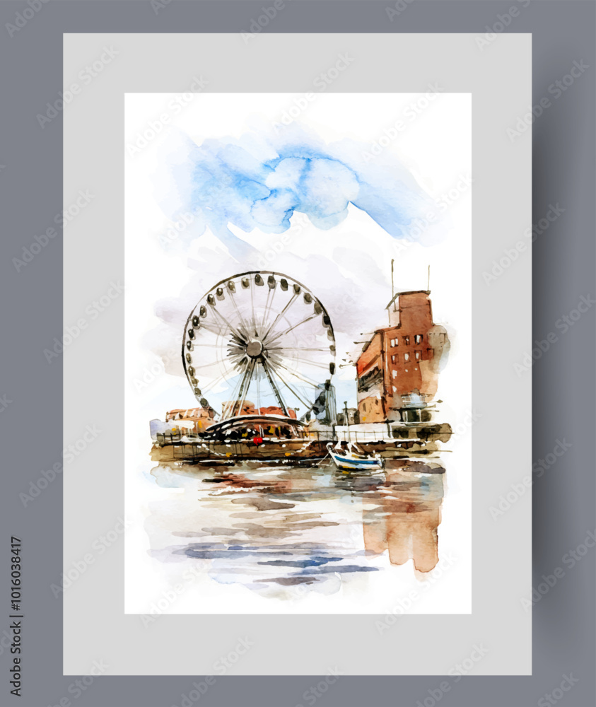 Cityscape with Ferris wheel near embankment in city of Gdansk in Poland on print. Watercolor poster. Artwork with cityscape with carousel and boat pier, in frame with decor for wall art