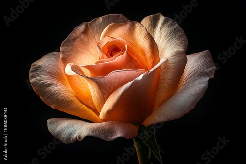 A rich orange rose stands out in dramatic chiaroscuro lighting, its bold petals creating a striking silhouette, embodying passion, resilience, and artistic flair.
