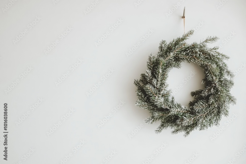 A simple, round evergreen wreath dusted with snow hangs on a clean, minimalistic white wall, creating a serene and festive ambiance for the holiday season. A simple, round evergreen wreath dusted with snow hangs on a clean, minimalistic white wall, creating a serene and festive ambiance for the holiday season.