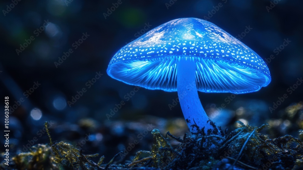 Glowing Bioluminescent Mushroom in Dark Forest, enchanting luminescence illuminates surroundings, captivating natural wonder, mystical ambiance Glowing Bioluminescent Mushroom in Dark Forest, enchanting luminescence illuminates surroundings, captivating natural wonder, mystical ambiance