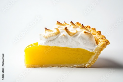 A vibrant slice of lemon meringue pie highlighting a rich yellow filling and a perfectly browned meringue topping, offering a zesty and sweet delight experience. photo